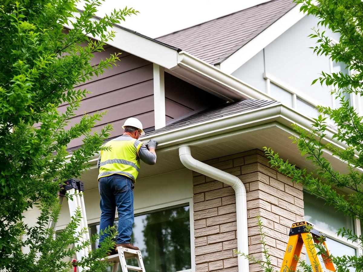 Crew installing seamless aluminum gutters on a residential home