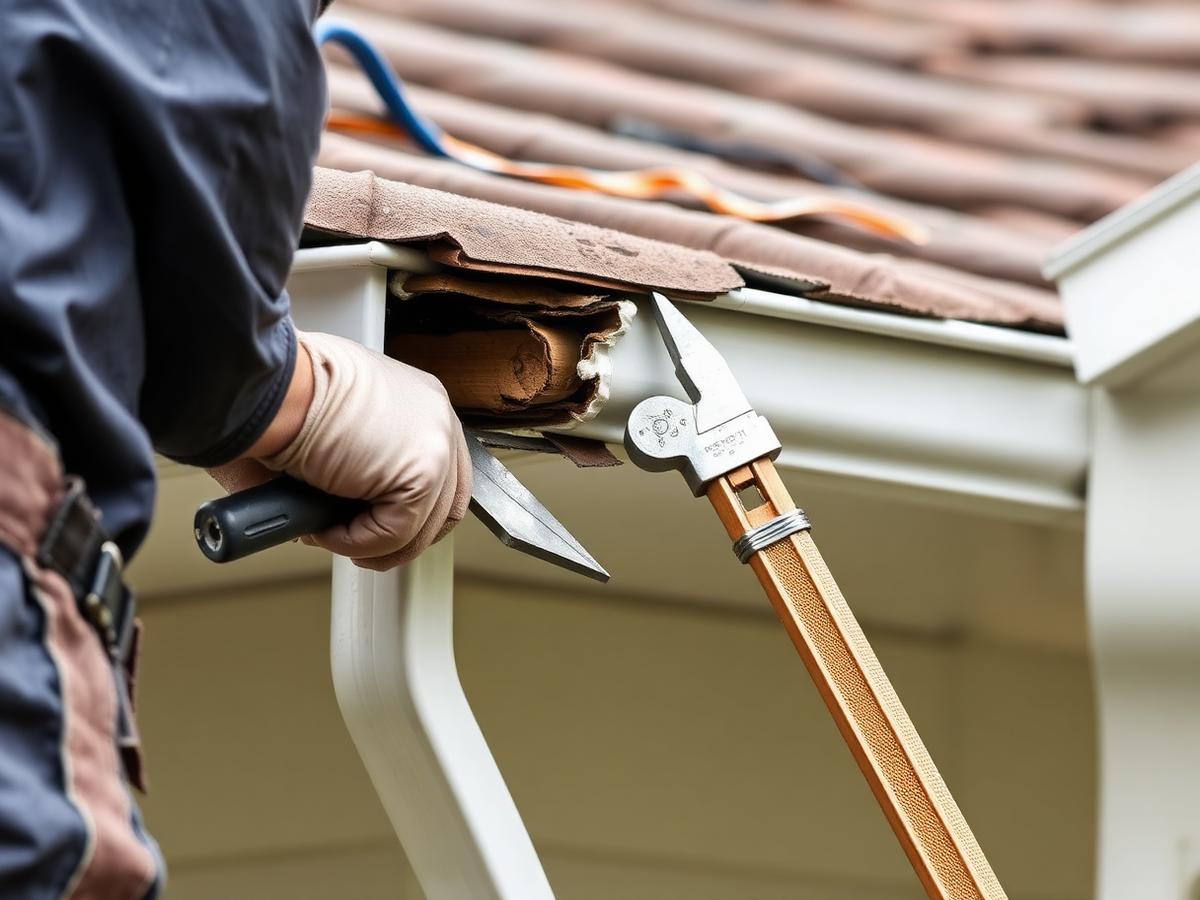 Technician repairing a damaged residential gutter with tools